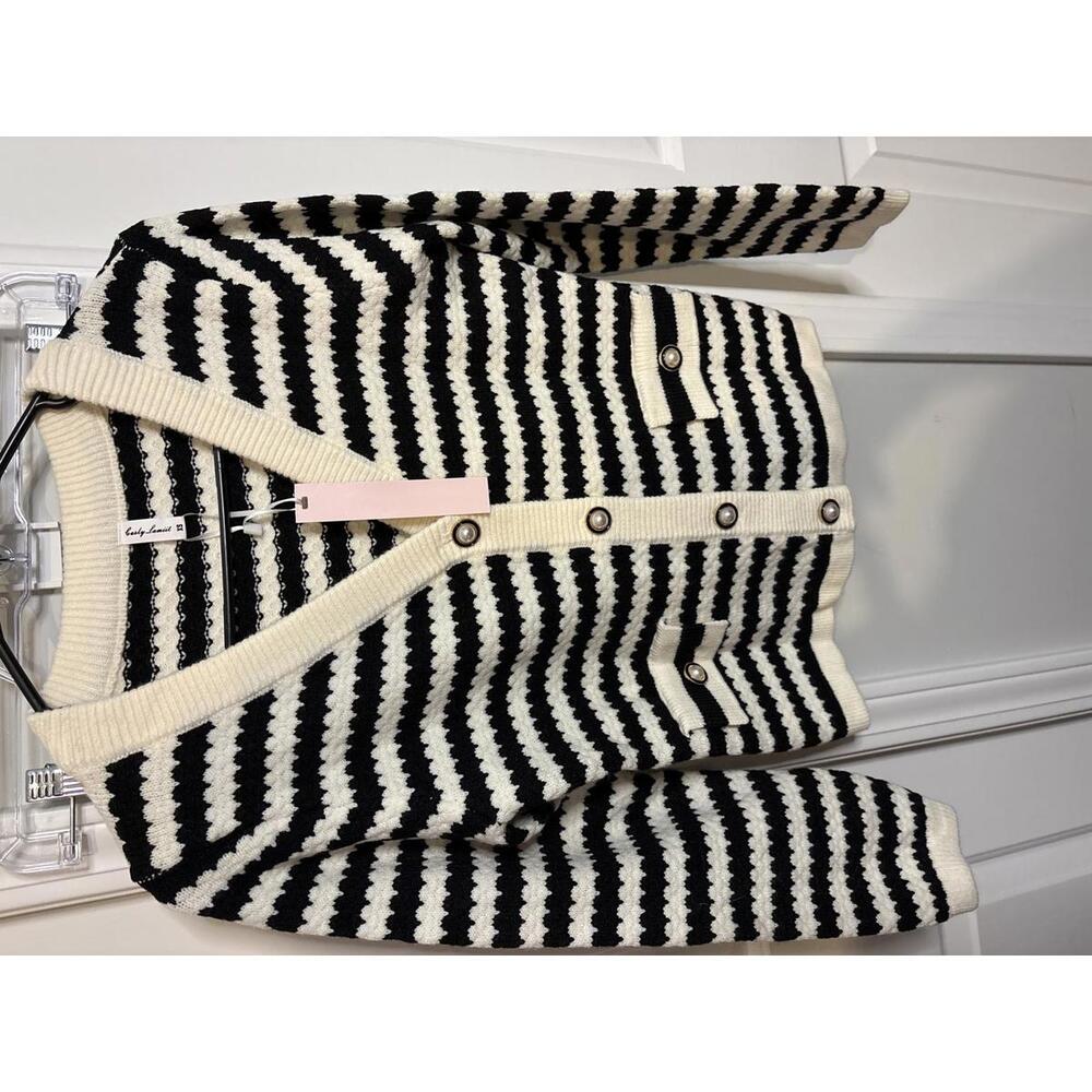 Casly Lamitt Black and White Striped Knit Cardigan Sweater XS 420